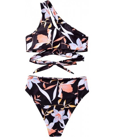 Women Sexy Cutout One Shoulder High Waisted Bikini Tie High Cut Two Piece Swimsuit Black Floral-2 $17.28 Swimsuits