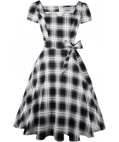 Women's Classic Tea Dress Short Sleeve Swing Cocktail Party Dresses with Pockets Black-white-plaid $15.80 Dresses