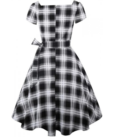 Women's Classic Tea Dress Short Sleeve Swing Cocktail Party Dresses with Pockets Black-white-plaid $15.80 Dresses