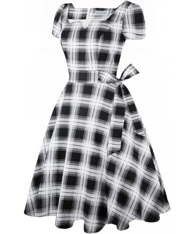 Women's Classic Tea Dress Short Sleeve Swing Cocktail Party Dresses with Pockets Black-white-plaid $15.80 Dresses