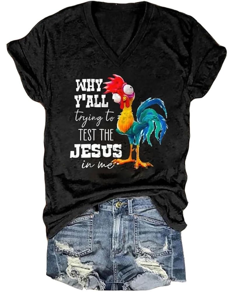 Women's Fun Chicken Print V-Neck T-Shirt Summer Short Sleeve Cute Animal Pattern Tees Tops Black-1 $10.82 T-Shirts