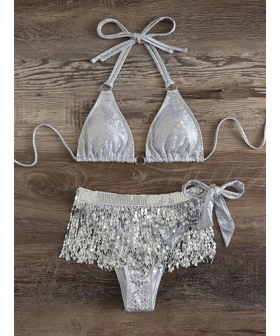 Women's Liquid Metallic Sexy Bikini Sets Shiny String Padded Triangle Jewel Brazilian Thong Bottom 3-pieces-bikini-silver $10...