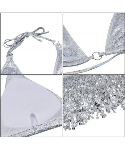 Women's Liquid Metallic Sexy Bikini Sets Shiny String Padded Triangle Jewel Brazilian Thong Bottom 3-pieces-bikini-silver $10...