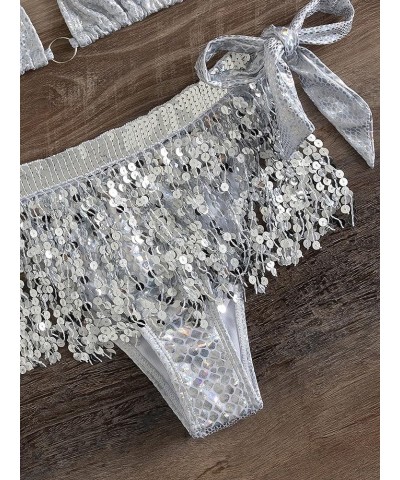 Women's Liquid Metallic Sexy Bikini Sets Shiny String Padded Triangle Jewel Brazilian Thong Bottom 3-pieces-bikini-silver $10...