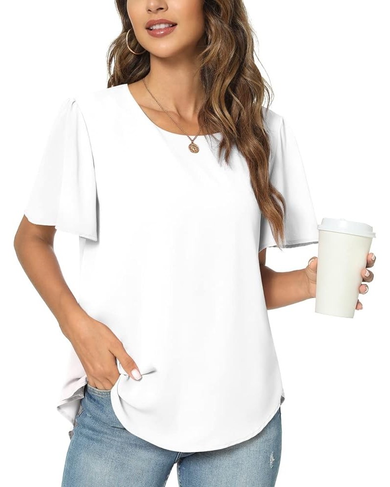 Womens 2024 Summer Casual Scoop Neck Loose Top Short Sleeve Chiffon Blouse Shirt White $12.00 Blouses