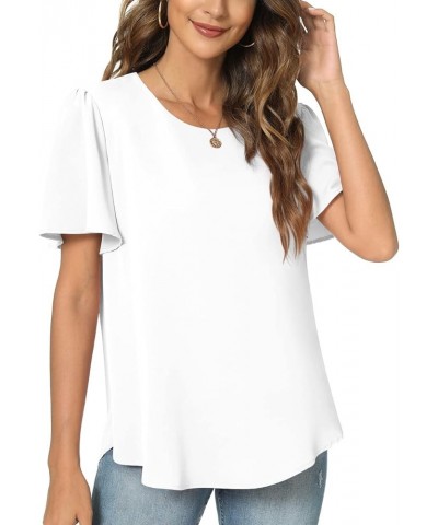 Womens 2024 Summer Casual Scoop Neck Loose Top Short Sleeve Chiffon Blouse Shirt White $12.00 Blouses