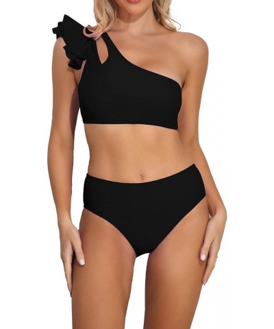 Womens Bikini One Shoulder Top with High Waisted Bottom Two Piece Swimsuits B-black $18.87 Swimsuits