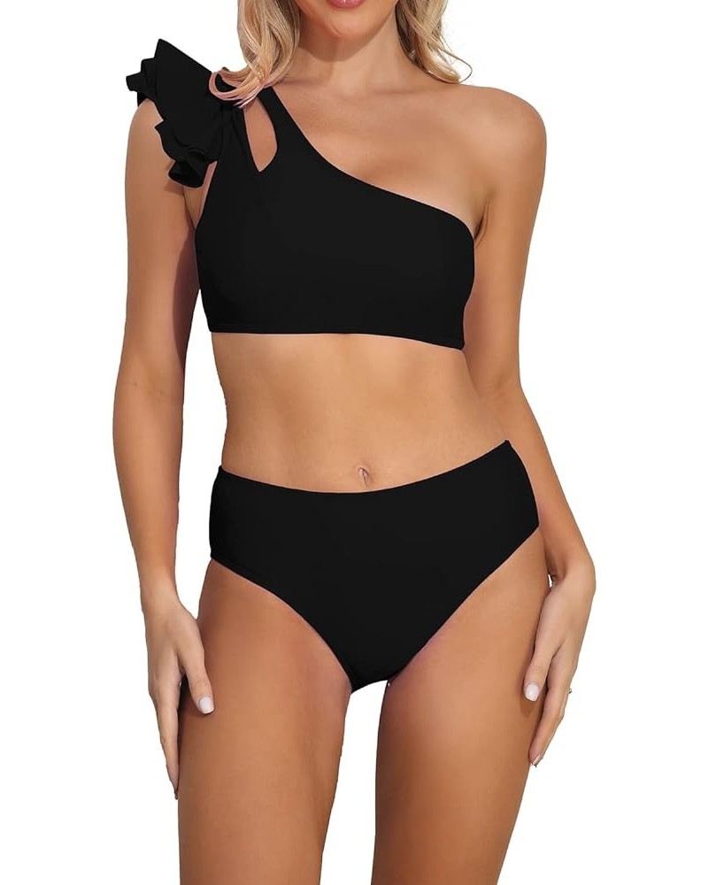 Womens Bikini One Shoulder Top with High Waisted Bottom Two Piece Swimsuits B-black $18.87 Swimsuits