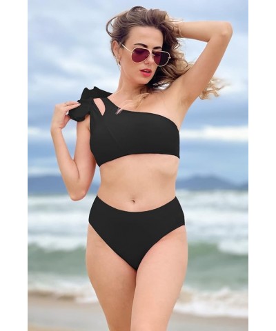 Womens Bikini One Shoulder Top with High Waisted Bottom Two Piece Swimsuits B-black $18.87 Swimsuits