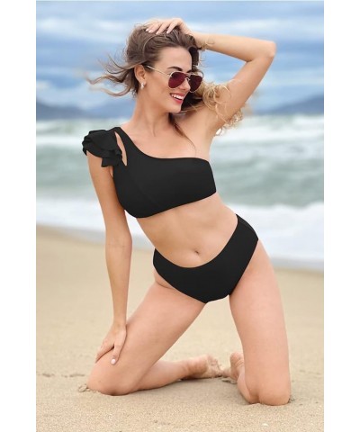 Womens Bikini One Shoulder Top with High Waisted Bottom Two Piece Swimsuits B-black $18.87 Swimsuits