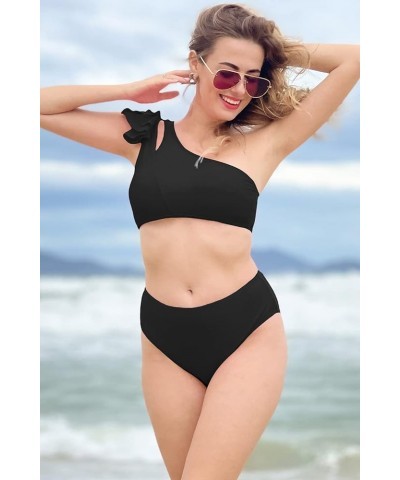 Womens Bikini One Shoulder Top with High Waisted Bottom Two Piece Swimsuits B-black $18.87 Swimsuits