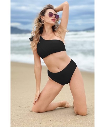 Womens Bikini One Shoulder Top with High Waisted Bottom Two Piece Swimsuits B-black $18.87 Swimsuits