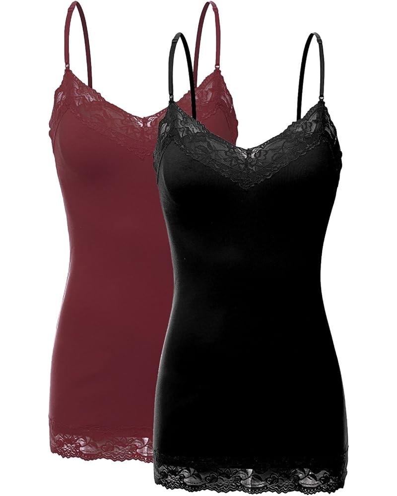 2 or 4 Pack Women's Junior and Plus Adjustable Spaghetti Strap Lace Tank Top 2pack - Black/Burgundy $11.79 Tanks