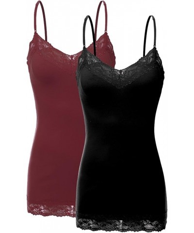 2 or 4 Pack Women's Junior and Plus Adjustable Spaghetti Strap Lace Tank Top 2pack - Black/Burgundy $11.79 Tanks