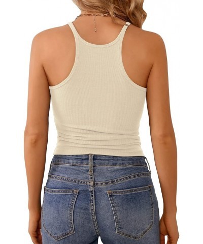 Womens Sleeveless Ribbed Fitted Tank Top Form Fitting Scoop Neck Basic Cami Shirts Cropped Beige $11.50 Tanks