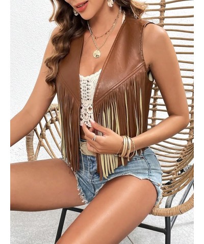 Women's PU Leather Sleeveless Open Front Fringe Trim Vest Jacket Outerwear Brown $14.52 Vests