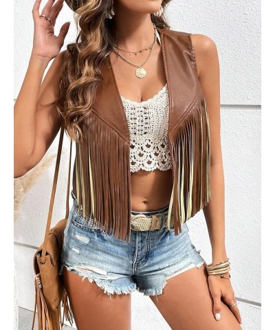 Women's PU Leather Sleeveless Open Front Fringe Trim Vest Jacket Outerwear Brown $14.52 Vests