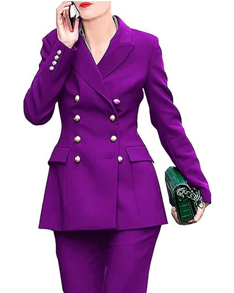 Women Double Breasted Office Lady Outfit 2 PC Business Pants Suit Prom Party Suit Casual Wear Suit Purple $29.76 Suits