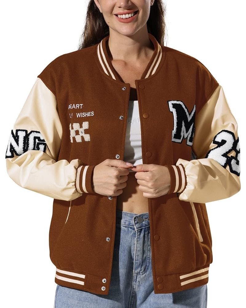 Women's Varsity Jacket Baseball Bomber Jacket Vintage Unisex Streetwear Coats with Patchwork Hipster Utility Tops Brown a $20...