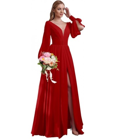 V Neck Bridesmaid Dresses Chiffon Long Sleeve Wedding Guest Dresses for Women Formal Evening Party Gowns with Slit Red $31.36...