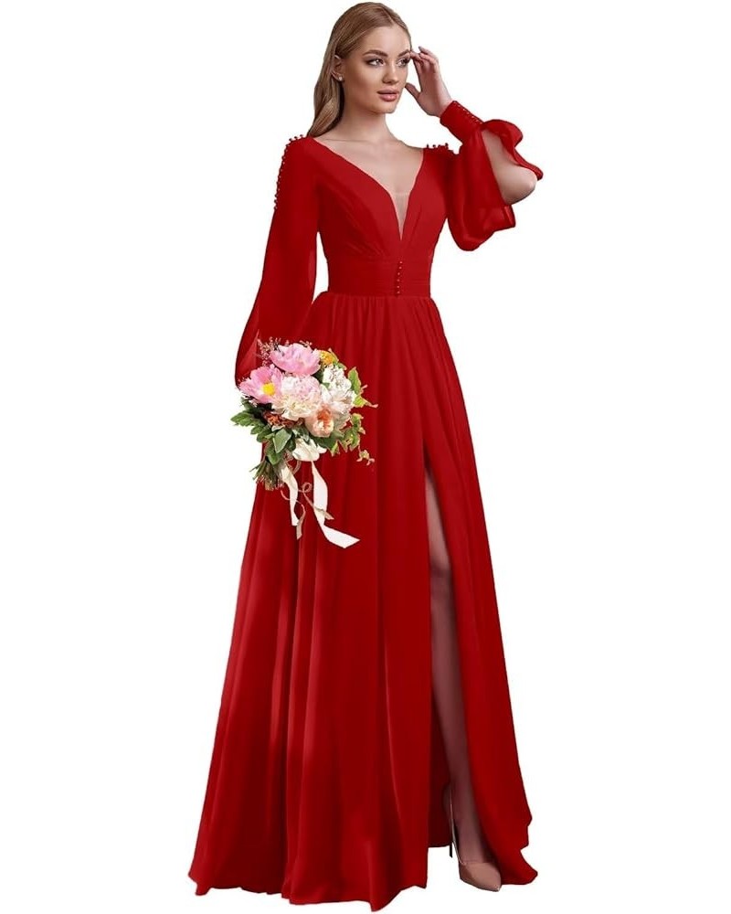 V Neck Bridesmaid Dresses Chiffon Long Sleeve Wedding Guest Dresses for Women Formal Evening Party Gowns with Slit Red $31.36...