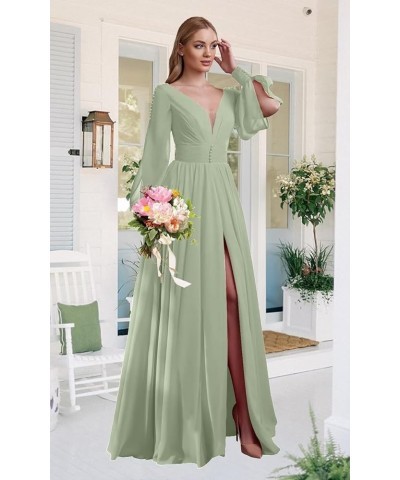 V Neck Bridesmaid Dresses Chiffon Long Sleeve Wedding Guest Dresses for Women Formal Evening Party Gowns with Slit Red $31.36...