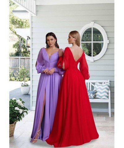 V Neck Bridesmaid Dresses Chiffon Long Sleeve Wedding Guest Dresses for Women Formal Evening Party Gowns with Slit Red $31.36...