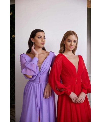 V Neck Bridesmaid Dresses Chiffon Long Sleeve Wedding Guest Dresses for Women Formal Evening Party Gowns with Slit Red $31.36...