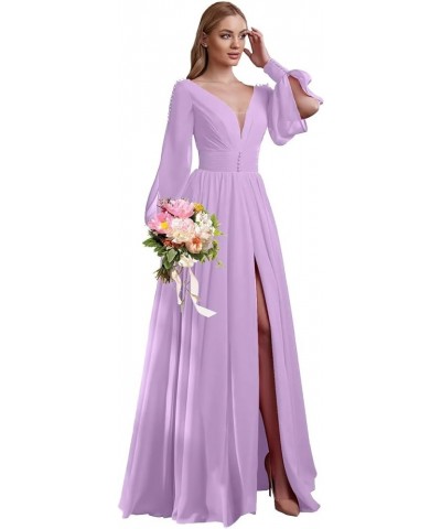 V Neck Bridesmaid Dresses Chiffon Long Sleeve Wedding Guest Dresses for Women Formal Evening Party Gowns with Slit Red $31.36...