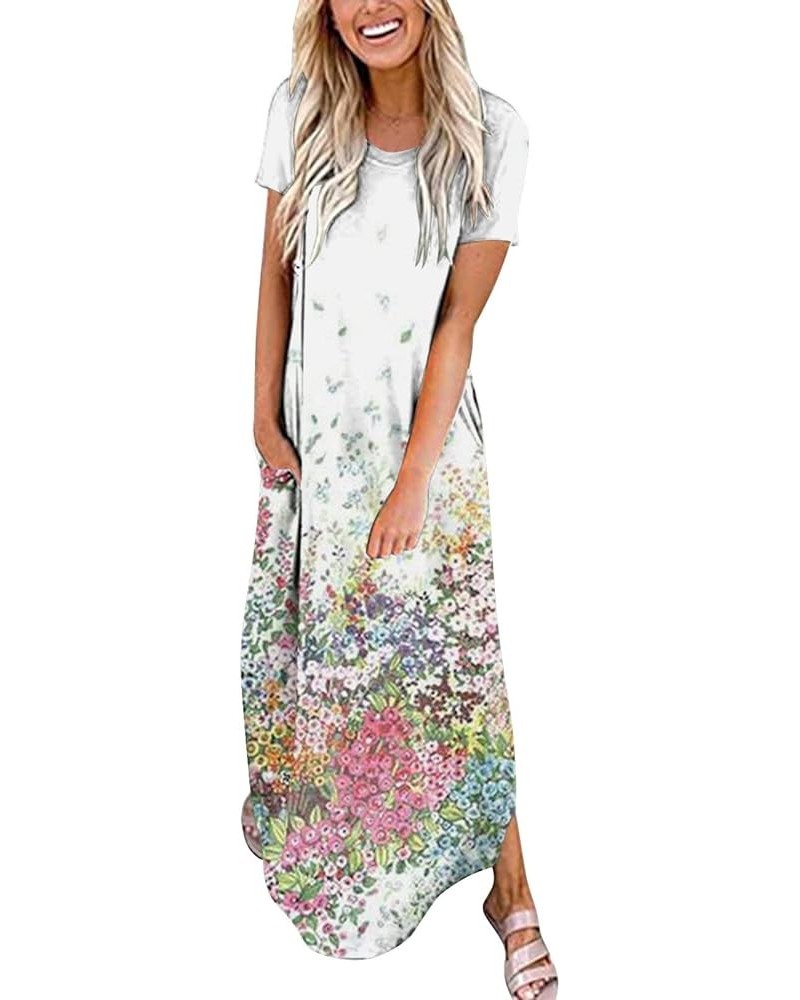 Women's Summer Casual Loose Crewneck Short Sleeve Split Beach Maxi Dress with Pockets, Floral Print Long Dress Split X white ...