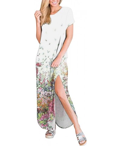 Women's Summer Casual Loose Crewneck Short Sleeve Split Beach Maxi Dress with Pockets, Floral Print Long Dress Split X white ...