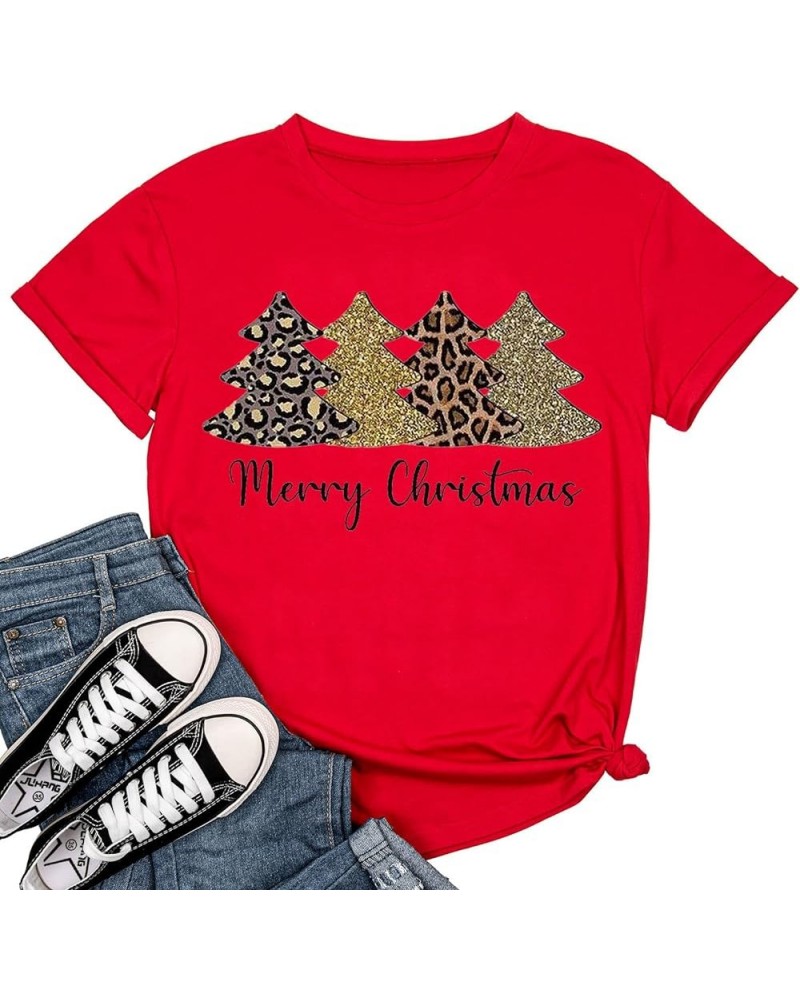 Christmas Shirts Womens Leopard Plaid Trees Printed Casual Short Sleeve Graphic Tees Tops 109-red $7.27 T-Shirts