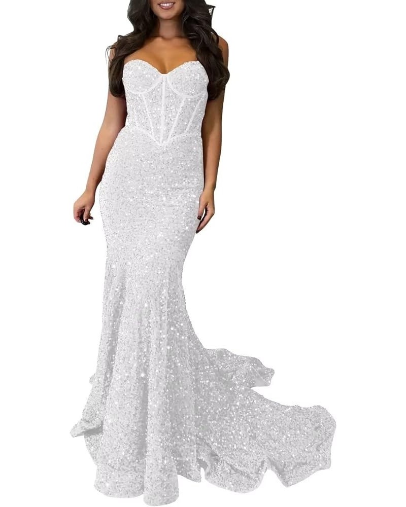 Women's Sparkly Sequins Corset Prom Dresses Long Strapless Bodycon Mermaid Evening Gowns Backless Formal Party Dress Pure Whi...