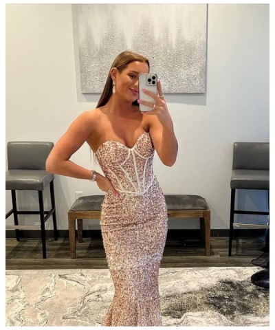 Women's Sparkly Sequins Corset Prom Dresses Long Strapless Bodycon Mermaid Evening Gowns Backless Formal Party Dress Pure Whi...