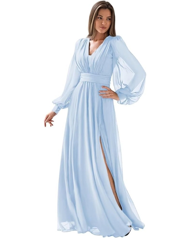 Pleated Chiffon Bridesmaid Dresses 2024 Long Sleeve V Neck Formal Evening Dress High Waist Slit Prom Gowns Light Blue $31.20 ...
