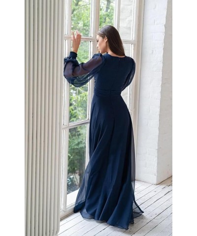 Pleated Chiffon Bridesmaid Dresses 2024 Long Sleeve V Neck Formal Evening Dress High Waist Slit Prom Gowns Light Blue $31.20 ...