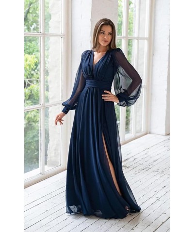 Pleated Chiffon Bridesmaid Dresses 2024 Long Sleeve V Neck Formal Evening Dress High Waist Slit Prom Gowns Light Blue $31.20 ...