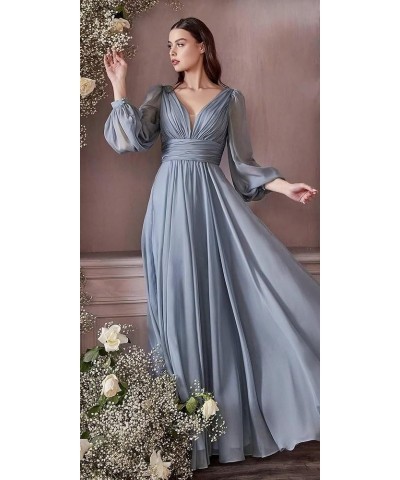 Pleated Chiffon Bridesmaid Dresses 2024 Long Sleeve V Neck Formal Evening Dress High Waist Slit Prom Gowns Light Blue $31.20 ...