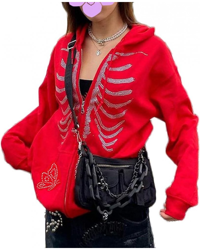 Women's Y2K Sweatshirt Aesthetic Oversized Hoodie Print Zip Up Long Sleeve Jacket Vintage Pullover Top Streetwear M-skeleton ...