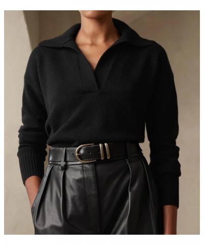 Women Knitted Lapel Collar Crop Sweater Polo V Neck Long Sleeve Loose Fit Casual Comfy Pullover Sweater Jumper Tops Black $16...