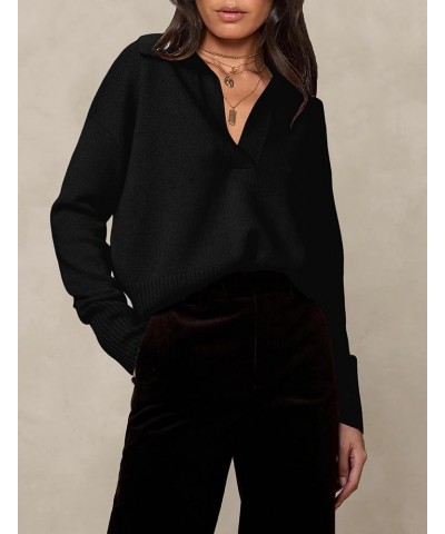 Women Knitted Lapel Collar Crop Sweater Polo V Neck Long Sleeve Loose Fit Casual Comfy Pullover Sweater Jumper Tops Black $16...