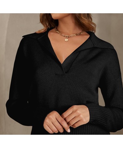 Women Knitted Lapel Collar Crop Sweater Polo V Neck Long Sleeve Loose Fit Casual Comfy Pullover Sweater Jumper Tops Black $16...