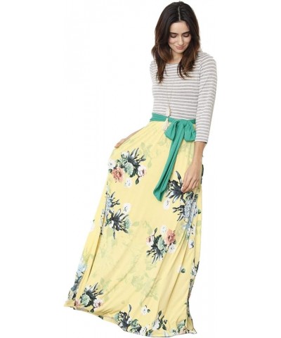 Eloges Women's Plus Size Floral Sash Maxi Dress 3/4 Sleeves with Pockets Stripe/Green Sash/Yellow Floral $15.98 Dresses