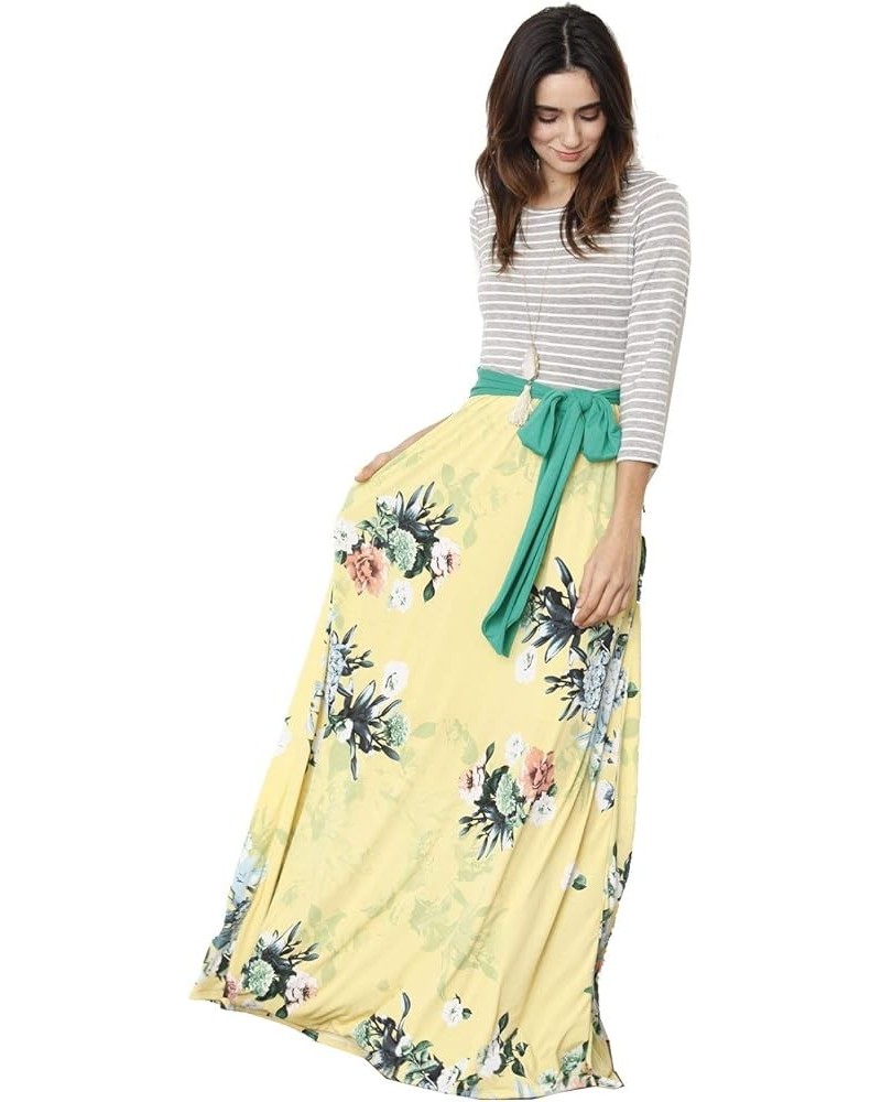 Eloges Women's Plus Size Floral Sash Maxi Dress 3/4 Sleeves with Pockets Stripe/Green Sash/Yellow Floral $15.98 Dresses