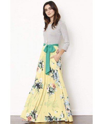 Eloges Women's Plus Size Floral Sash Maxi Dress 3/4 Sleeves with Pockets Stripe/Green Sash/Yellow Floral $15.98 Dresses