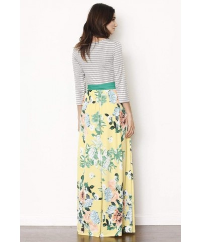 Eloges Women's Plus Size Floral Sash Maxi Dress 3/4 Sleeves with Pockets Stripe/Green Sash/Yellow Floral $15.98 Dresses