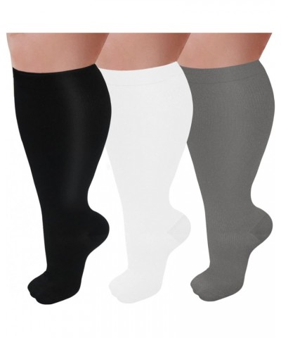 3 Pairs Plus Size Compression Socks for Women and Men Wide Calf 20-30mmhg Extra Large Knee High Support for Circulation 04-Bl...