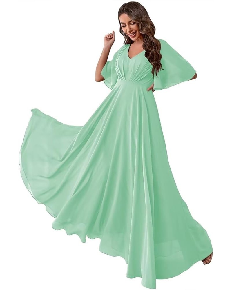 Ruffles Flutter Sleeve Chiffon Bridesmaid Dress Long V Neck Pleated Formal Dress for Women Wedding Guest Mint Green $24.39 Dr...