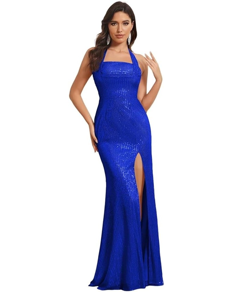 Women Halter Sequin Prom Dresses Sexy Sparkly Mermaid Long Formal Evening Gowns with Slit QA116 Royal Blue $30.55 Dresses