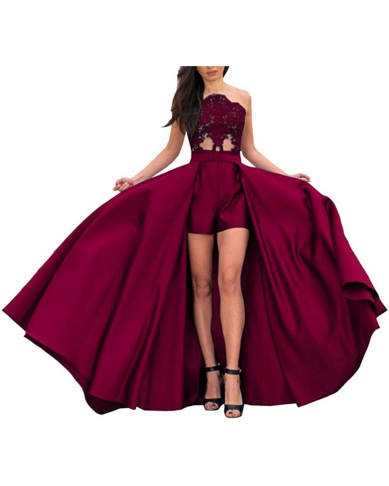 Women's Strapless Lace Applique Prom Party Gowns Jumpsuit Evening Dresses with Detachable Skirt Deep Rose $44.10 Dresses